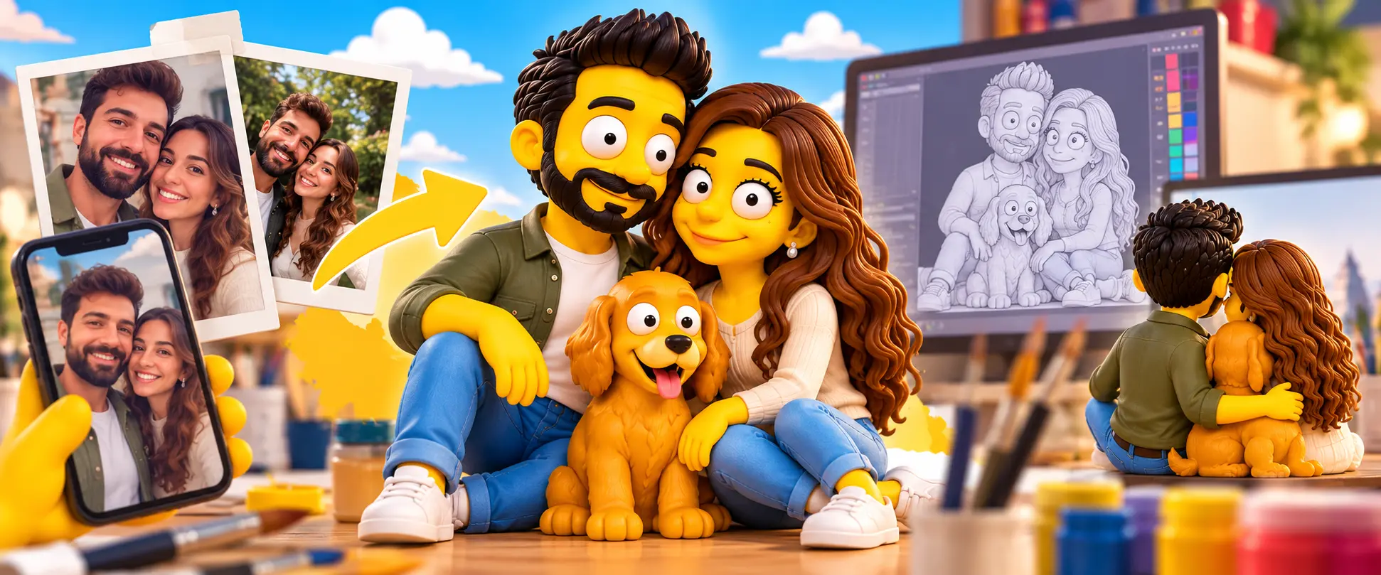 Transformación de fotos de una pareja en figuras amarillas estilo Simpsons, con un ejemplo de modelado 3D