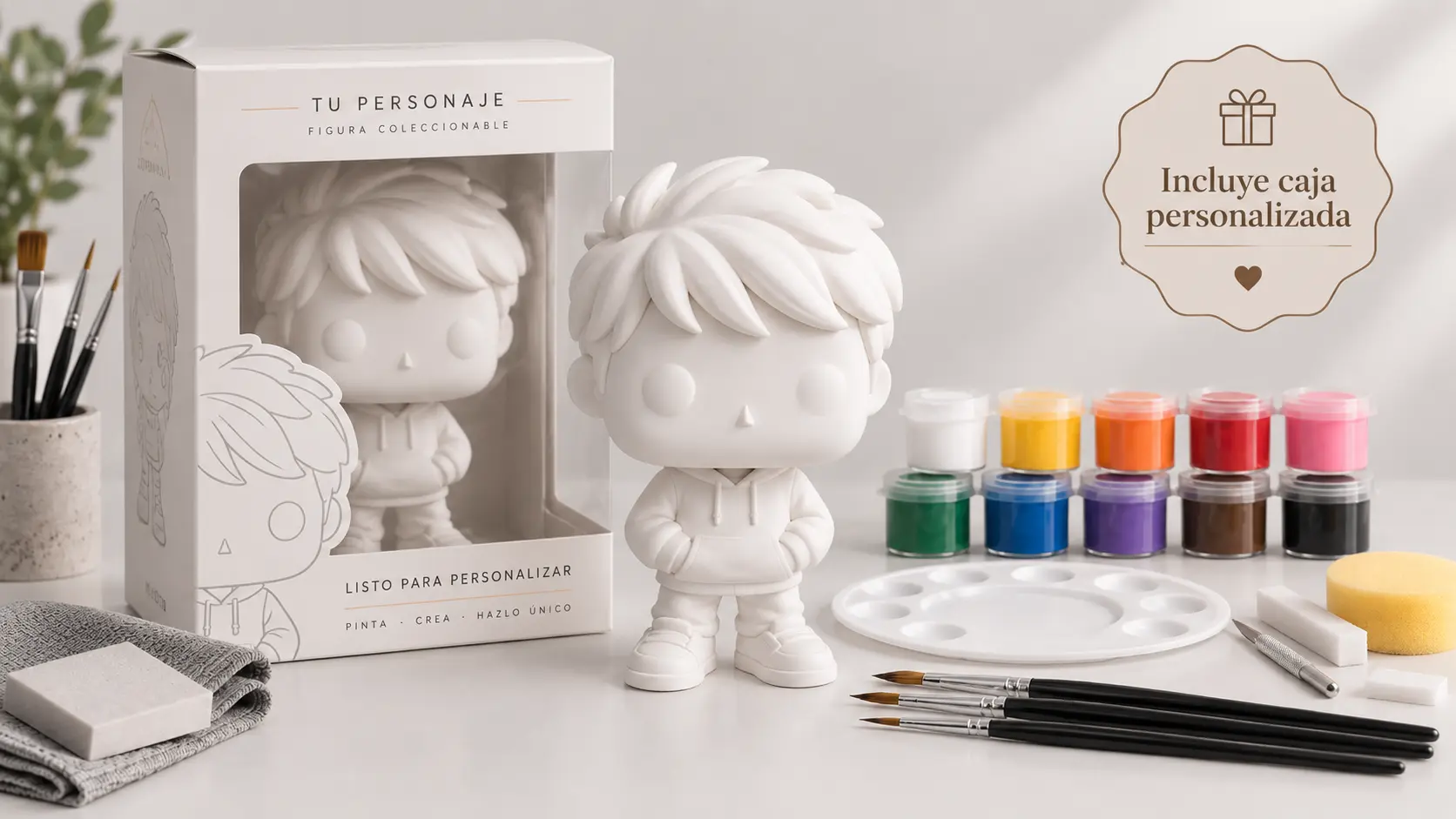 Figura personalizada blanca, caja y pinturas del kit Pinta Tu Funko